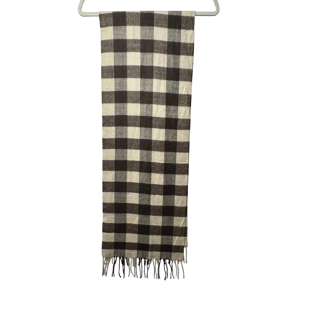 Unbranded Unisex Scarf 100% Cashmere OS Brown Buffalo Plaid Check Fringe Wrap